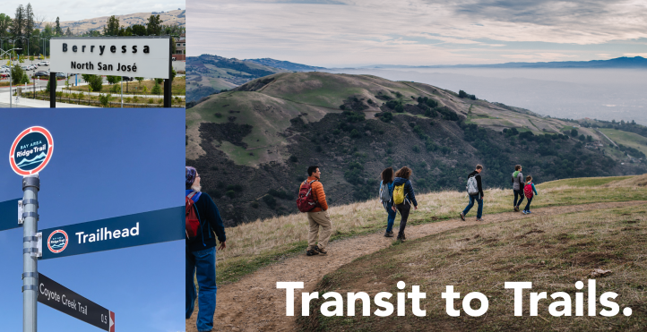 Collage of images with sierra vista open space, trail signs, and BART sign