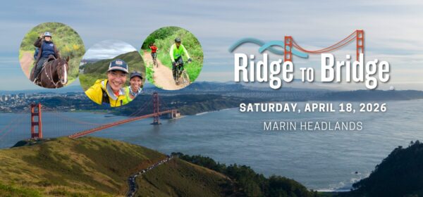 A landscape with the golden gate bridge. With the title Ridge to Bridge, Saturday April 18 2026, Marin Headlands. The ciricular images with faces of hikers, bikers, and equestrians to the left side of the title.