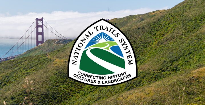 National Scenic Trails logo with photo of the Marin Headlands and Golden Gate Bridge
