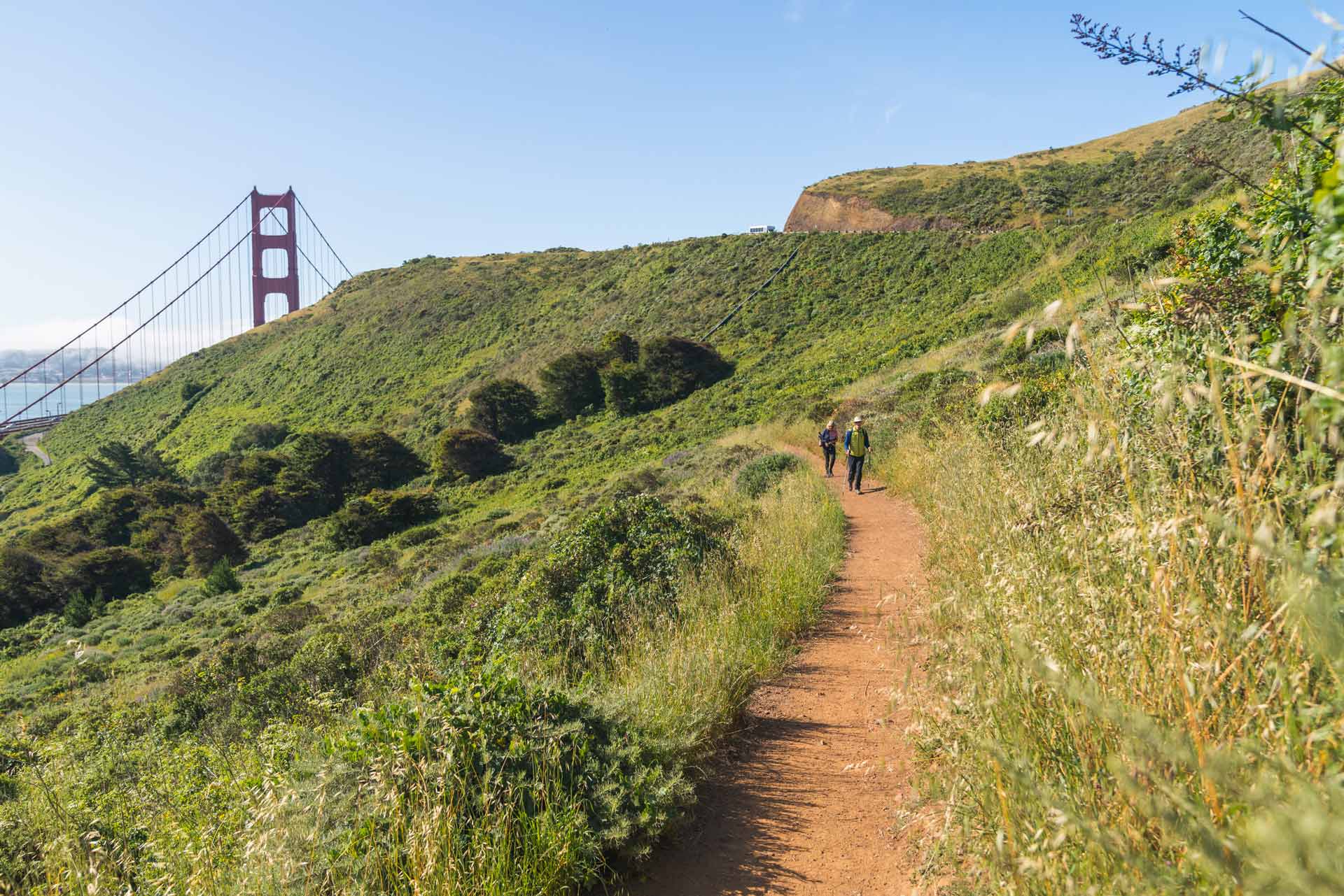 two hikers walk along a trail that cuts through a grassy hill overlooking the golden gate bridge